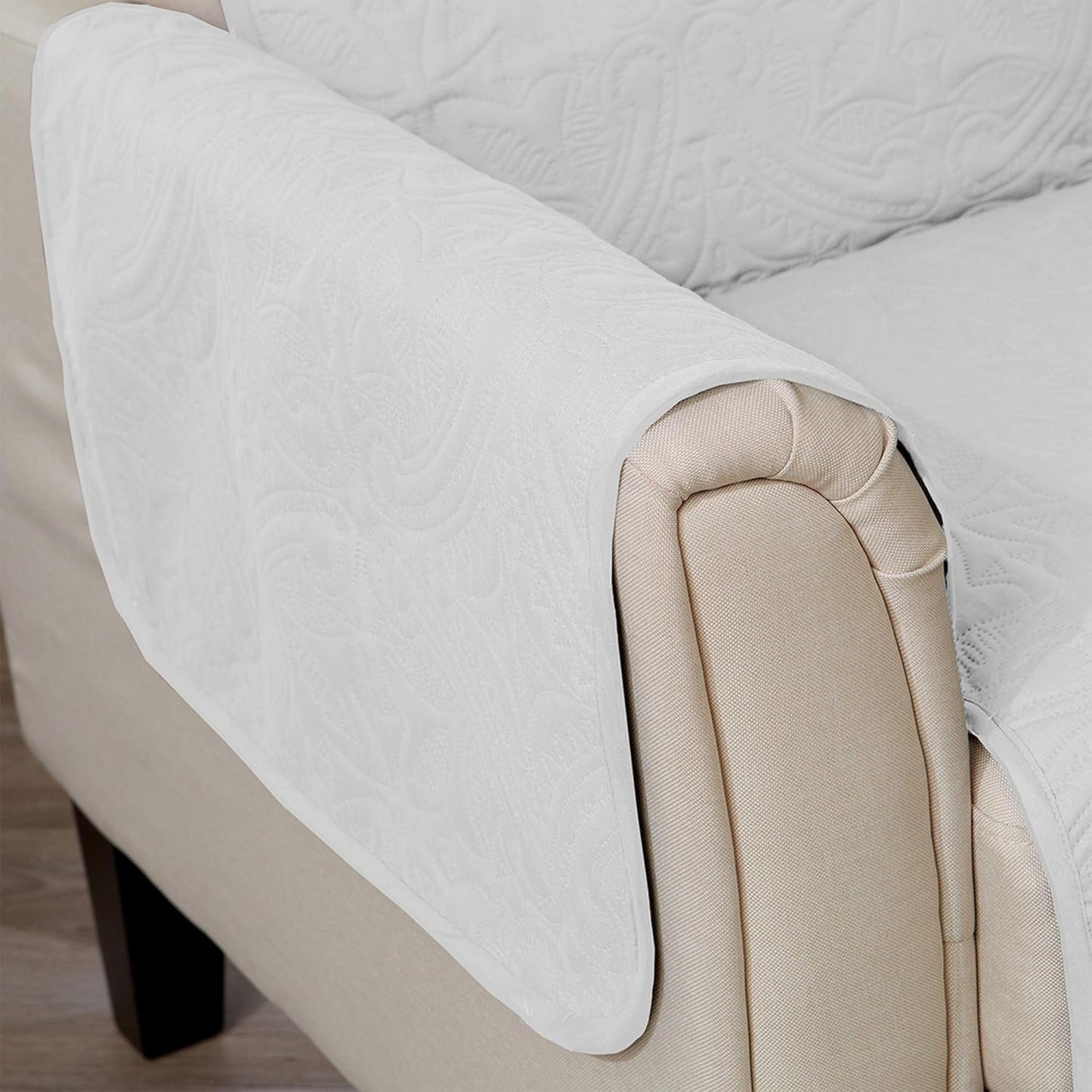 Great Bay Home Medallion Stitched Solid Furniture Protector Stain Resistant Durable Furniture Protector Elenor Collection (Sofa, White/Sand)