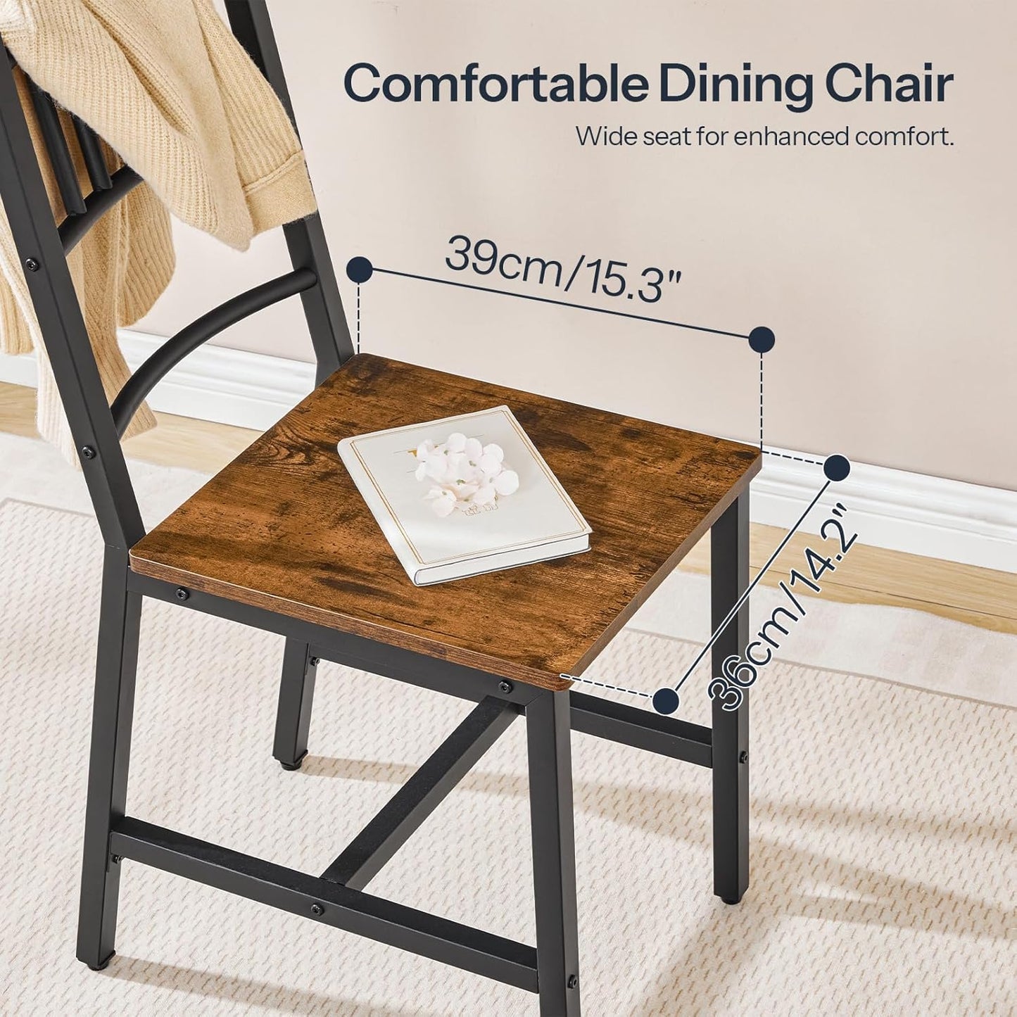 HOOBRO Kitchen Chairs Set of 2, Wooden Dining Room Chairs with Metal Frame, Dining Chairs with Back, Easy to Assemble, Farmhouse Dining Chairs for Kitchen, Living Room, Rustic Brown and Black BF39CD01