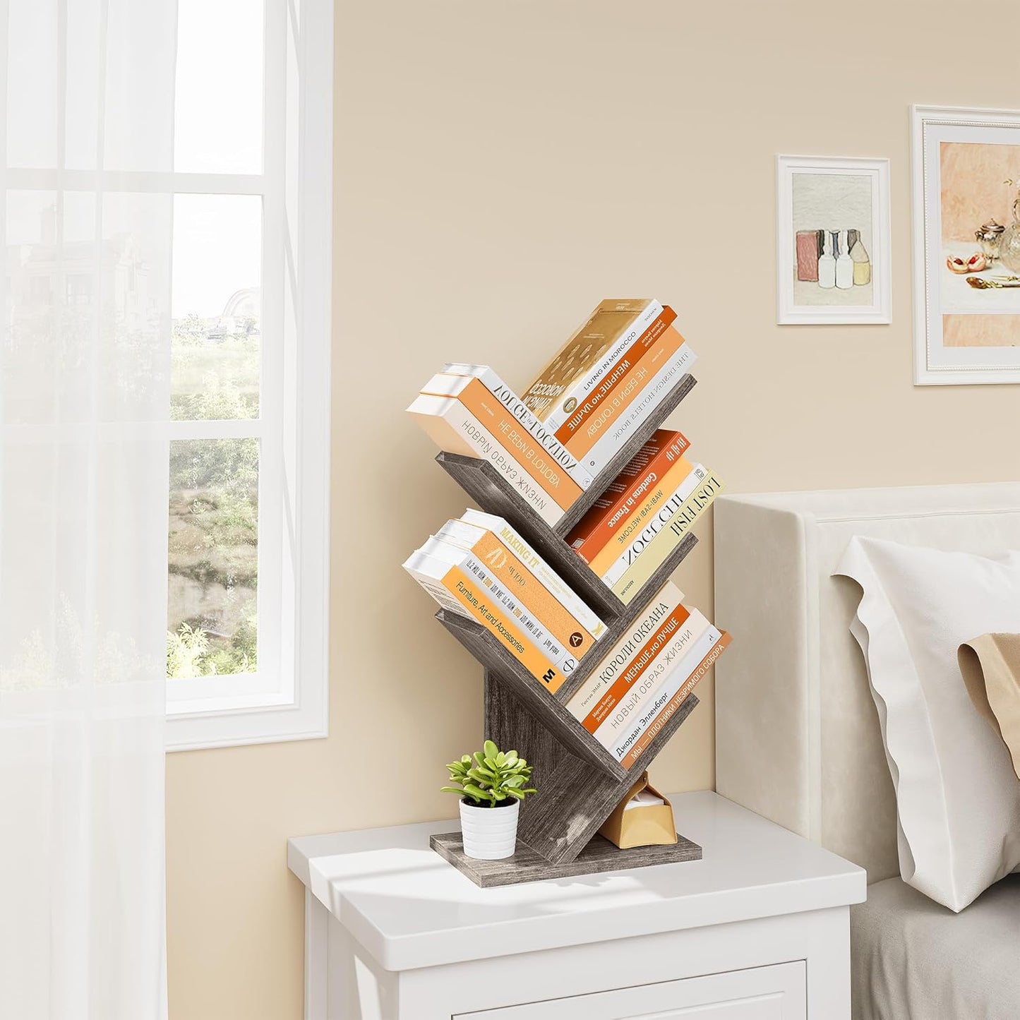 Hoctieon 4 Tier Tree Bookshelf, 4 Shelf Bookcase, Free Standing Tree Bookcase, Display Floor Standing Shelf for Books, Book Organizer Shelves for Home Office, Living Room, Bedroom, Grey