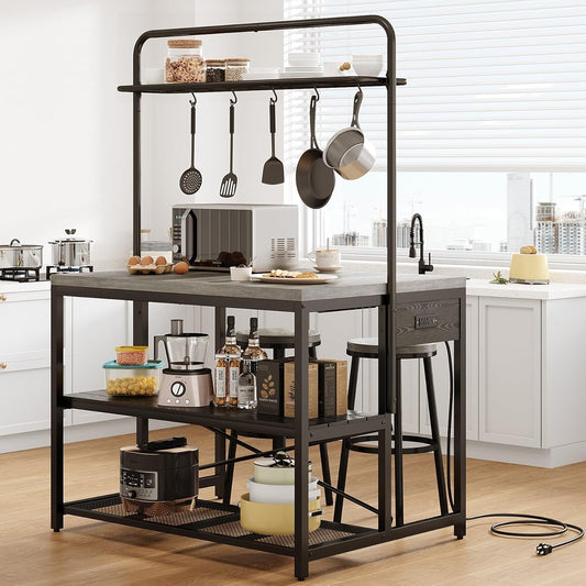 46" Large Kitchen Island Table Baker Rack with Power Outlet and 3-Tier Storage-Microwave Stand Oven Shelf, Metal Coffee Bar Table,Kitchen Storage Shelf for Dining Living Room, 5 Hooks,Grey