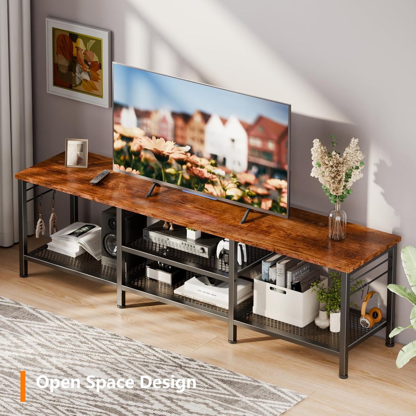 Furologee TV Stand for TVs up to 70 Inch, 63 Inch Entertainment Center with Open Storage Shelves, Television Stands with Soundbar Shelf for Living Room, Bedroom, Rustic Brown