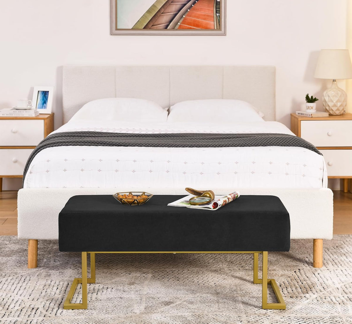 Modern Style Bedroom Double Seat Bench, Cushioned Bed end Stool, Living Room Sofa Stool, Footstool with Golden Iron Legs, Suitable for Bedroom and Living Room (Black, 39.37"x15.74"X16.53")
