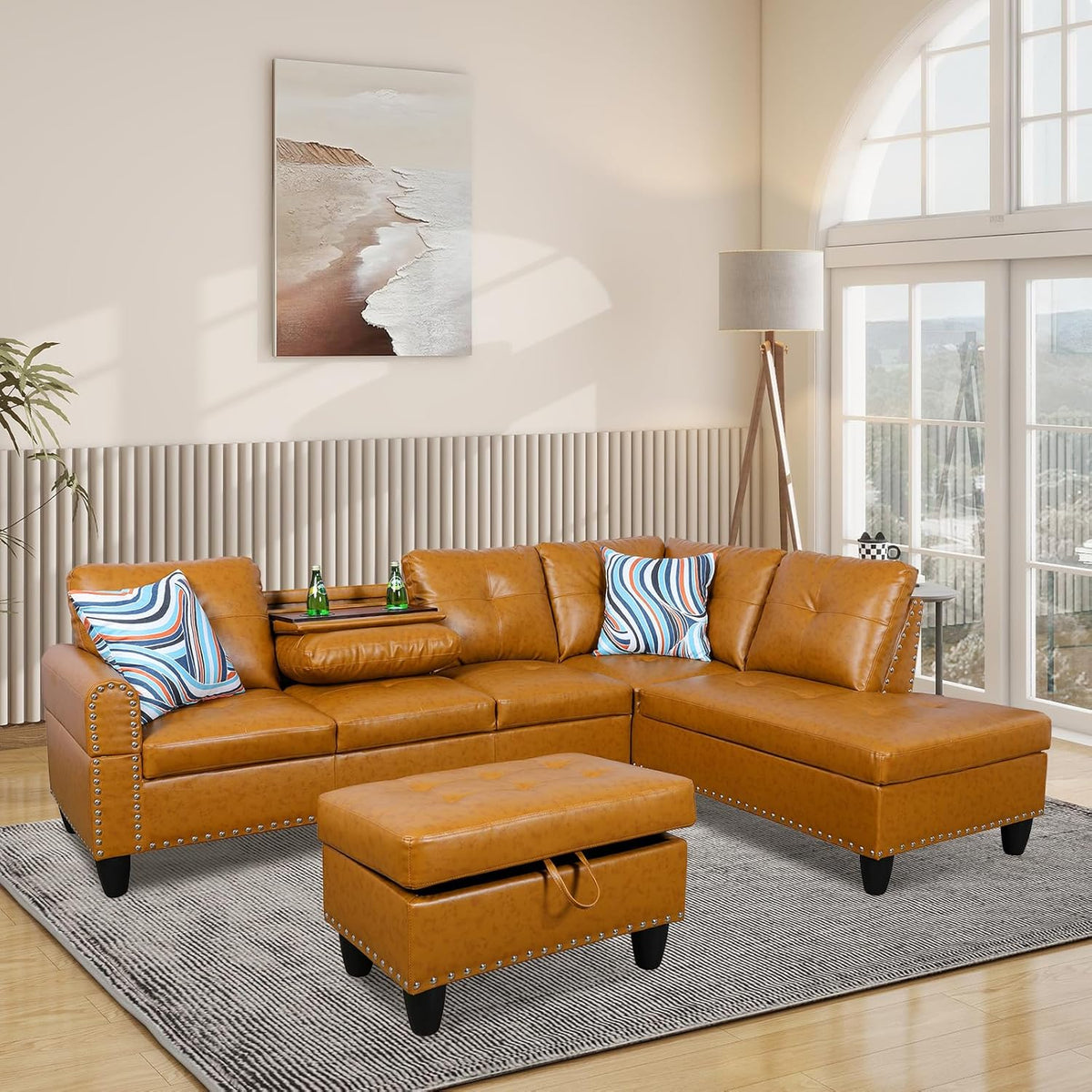 L Shaped Modular Sectional Sofa with Reversible Chaise Lounge, 5-Seater Corner Couch, PU Leather Convertible Sofá w/Movable Ottoman, Cup Holders, 2 Pillows and Rivet Ornament for Living Room