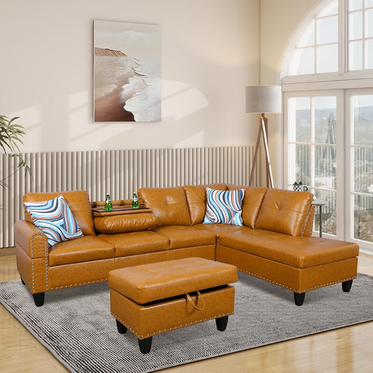 L Shaped Modular Sectional Sofa with Reversible Chaise Lounge, 5-Seater Corner Couch, PU Leather Convertible Sofá w/Movable Ottoman, Cup Holders, 2 Pillows and Rivet Ornament for Living Room
