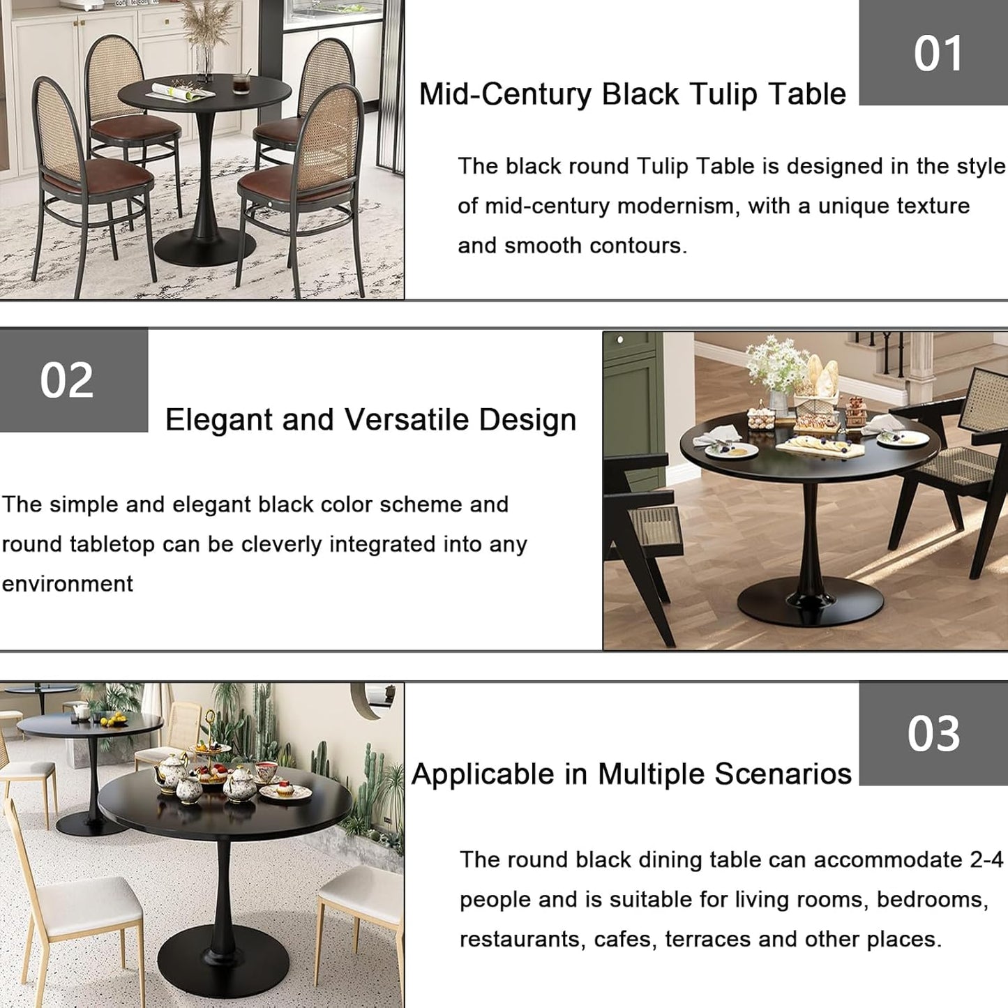 Round Black Dining Table, 31.5" Tulip Table with Pedestal Base, Black Dining Table for 1-4 Person, Mid-Century Leisure Table for Kitchen, Living Room