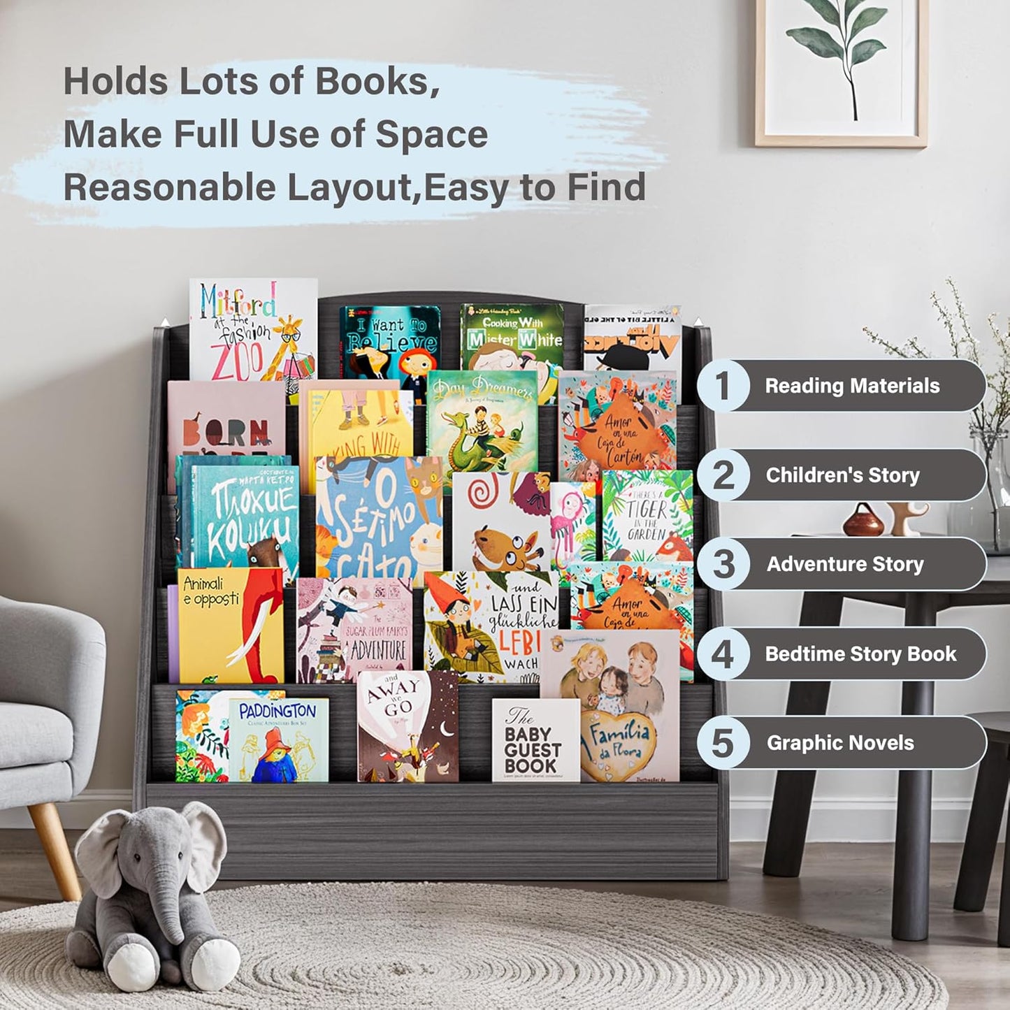 TOETOL 5-Tier Kids Bookshelf - Toddler Book Display Shelves for Classrooms, Playrooms, and Nursery - Wooden Children Book Rack (Gray Wash)