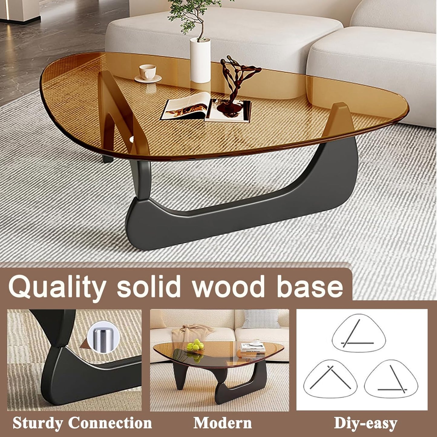 Mid Century Modern Glass Coffee Table, Small Coffee Table for Living Room, Elegant and Functional Coffee Tables, Suitable for Bedroom Living Room Reception Office Tables（Black/Brown，Medium）