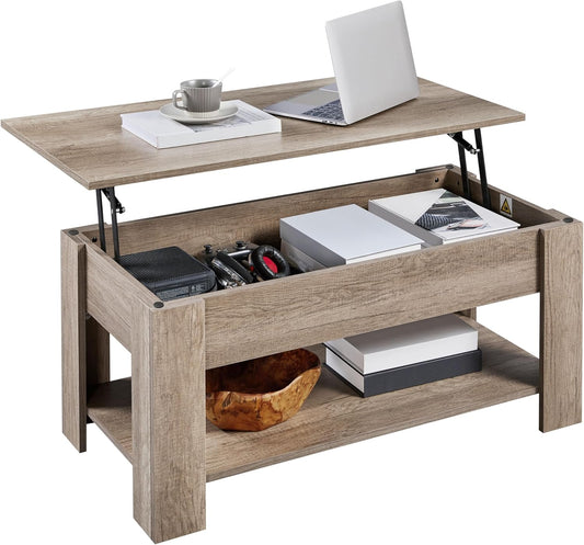 Yaheetech Lift Top Coffee Table with Hidden Compartment and Storage Shelf, Rising Tabletop Dining Table for Living Room Reception Room, 38.6in L, Grey