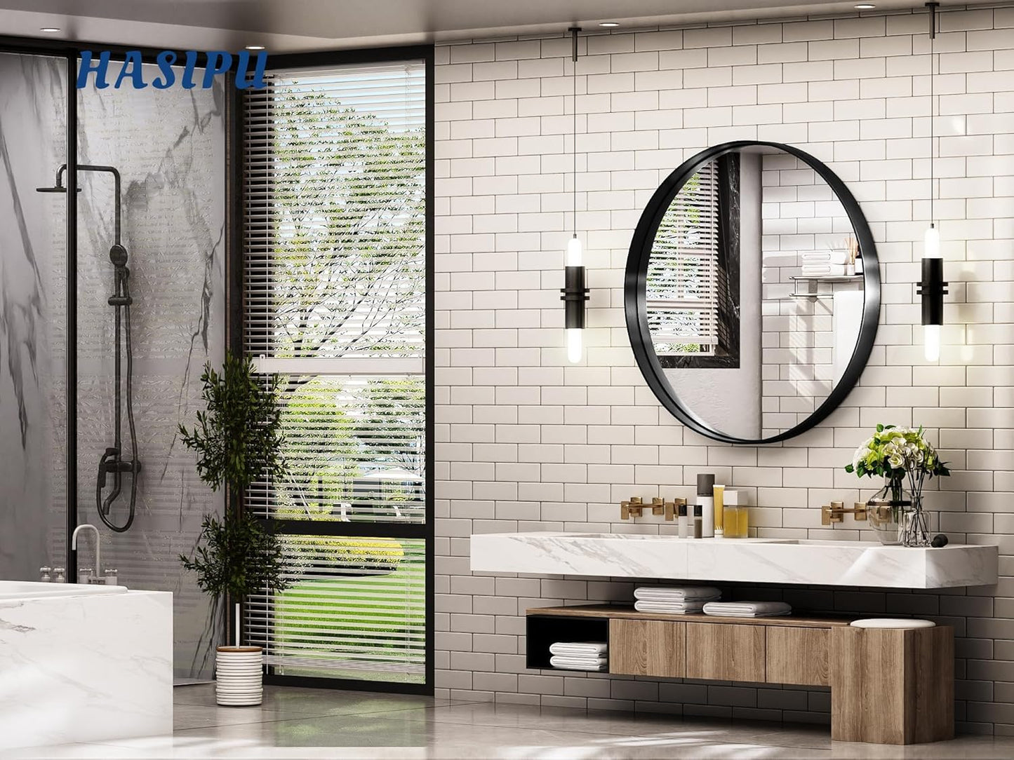 Hasipu Round Black Mirror 32 Inch Round Bathroom Mirror Metal Frame, Wall Mounted Circle Vanity Mirror Modern Decor (Horizontal/Vertical)