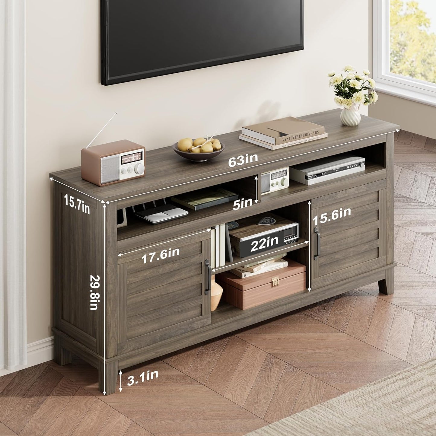 GarveeHome TV Stand for 63 in, Entertainment Center with Adjustable Shelves, Farmhouse TV Stand with Cabinet Doors,for Living Room, Bedroom (Grey, 63)