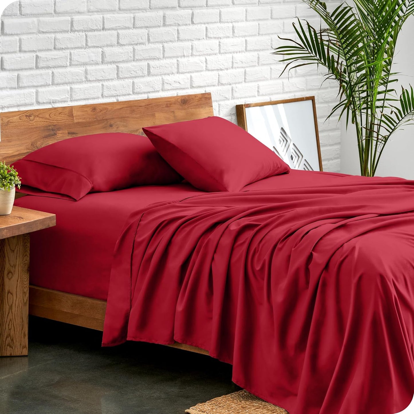 Bare Home Split Head Flex King Sheet Set - 1800 Ultra-Soft Microfiber Bed Sheets - Double Brushed - Deep Pockets - Easy Fit - 4 Piece Set - FlexTop King Bedding (Split Head Flex King, Red)