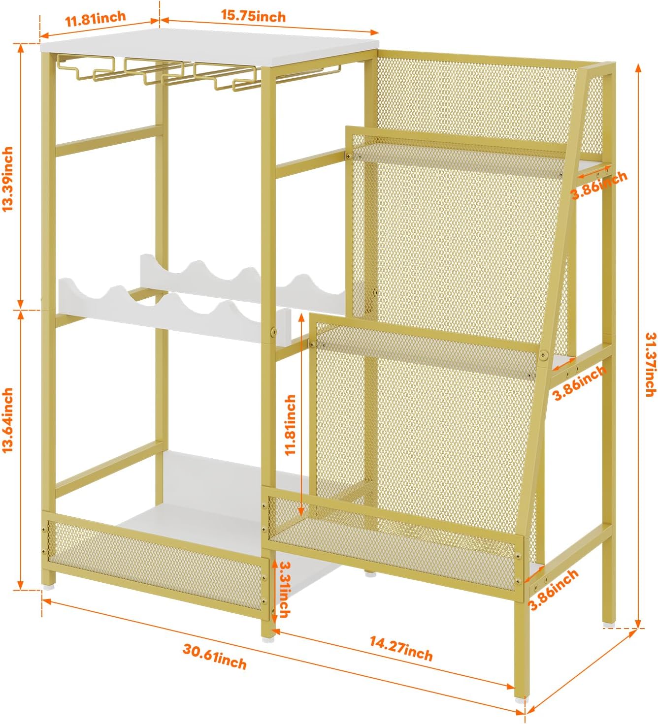 Gold Liquor Stand with Glass Holder, Multifunctional Wine Rack Freestanding Floor with Fences, Mini Bar Table for Liquor Whiskey Wine, 3-Tier Trapezoidal Liquor Cabinet for Home Bar (Patent Pending)