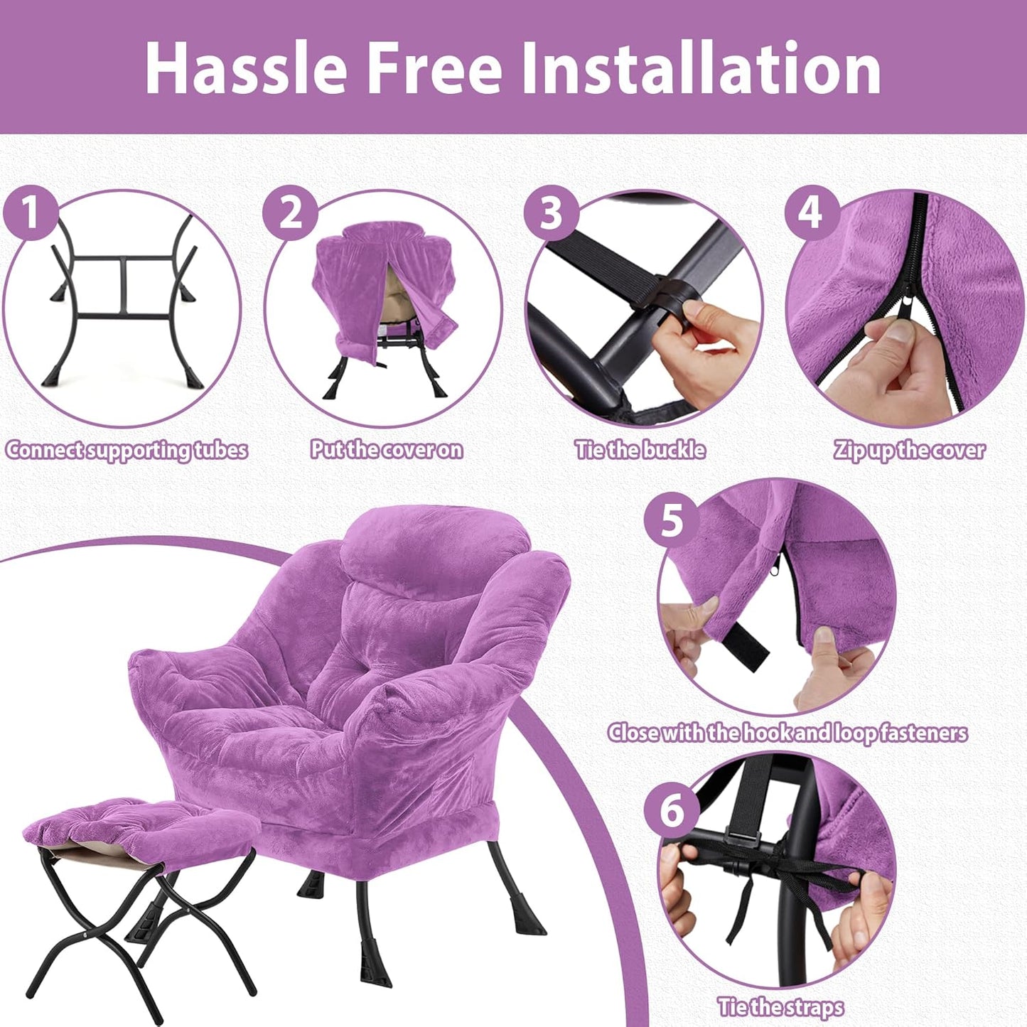 Lazy Chair with Folding Ottoman, Accent Chair Plush Upholstered with Metal Structure and Non-Slip Pads, Sofa Armchair with Footrest and Side Storage Bag for Dorm, Room, Office, Purple