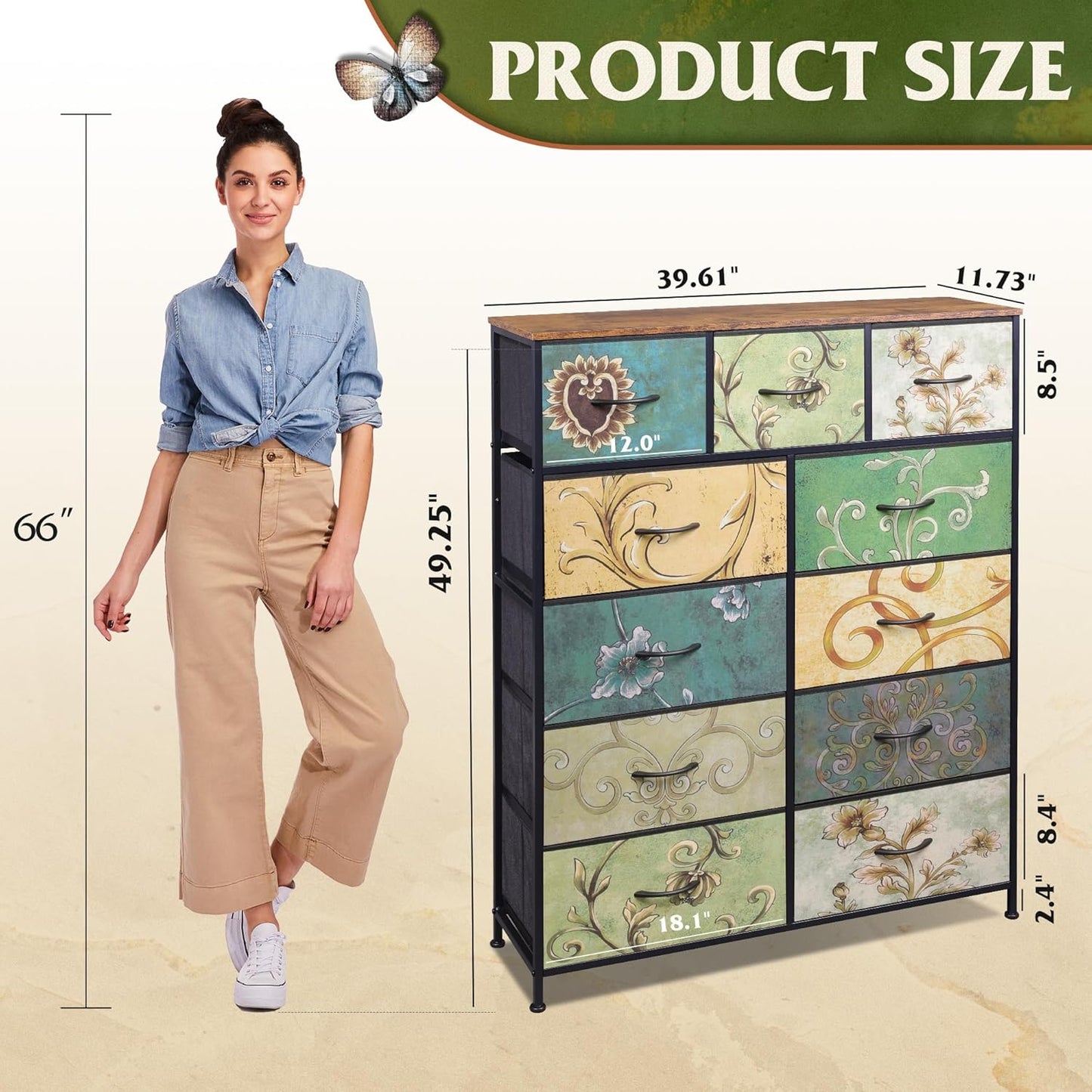 WLIVE Storage Organizer Unit with 11 Fabric Bins, Storage Drawers Organizer with Steel Frame, Tall Storage Tower Organizaton for Living Room, Hallway, Office, Floral Painted