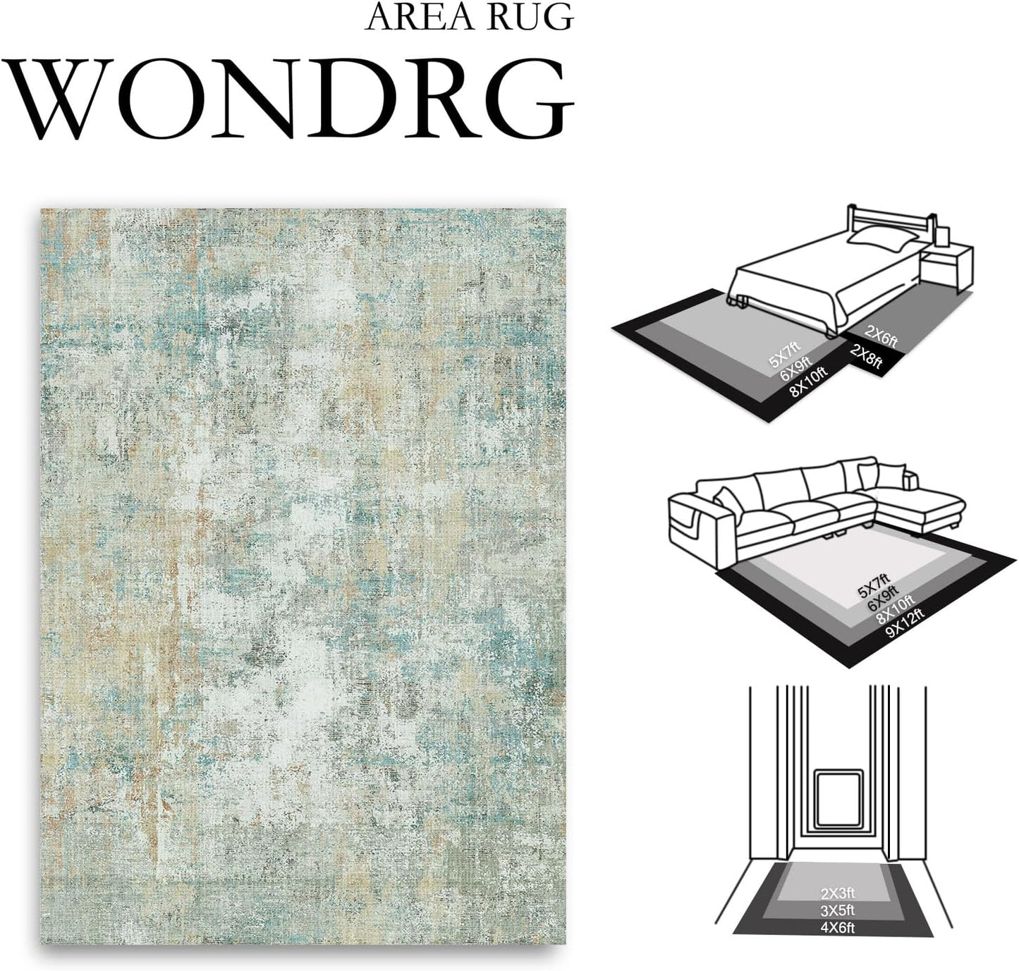 8x10 Washable Area Rug Teal Beige Modern Neutral Abstract Living Room Bedroom Indoor Floor Carpet Low Pile Soft Non-Slip Lightweight Vacuumable Large Throw Rug for Nursery Dining Room