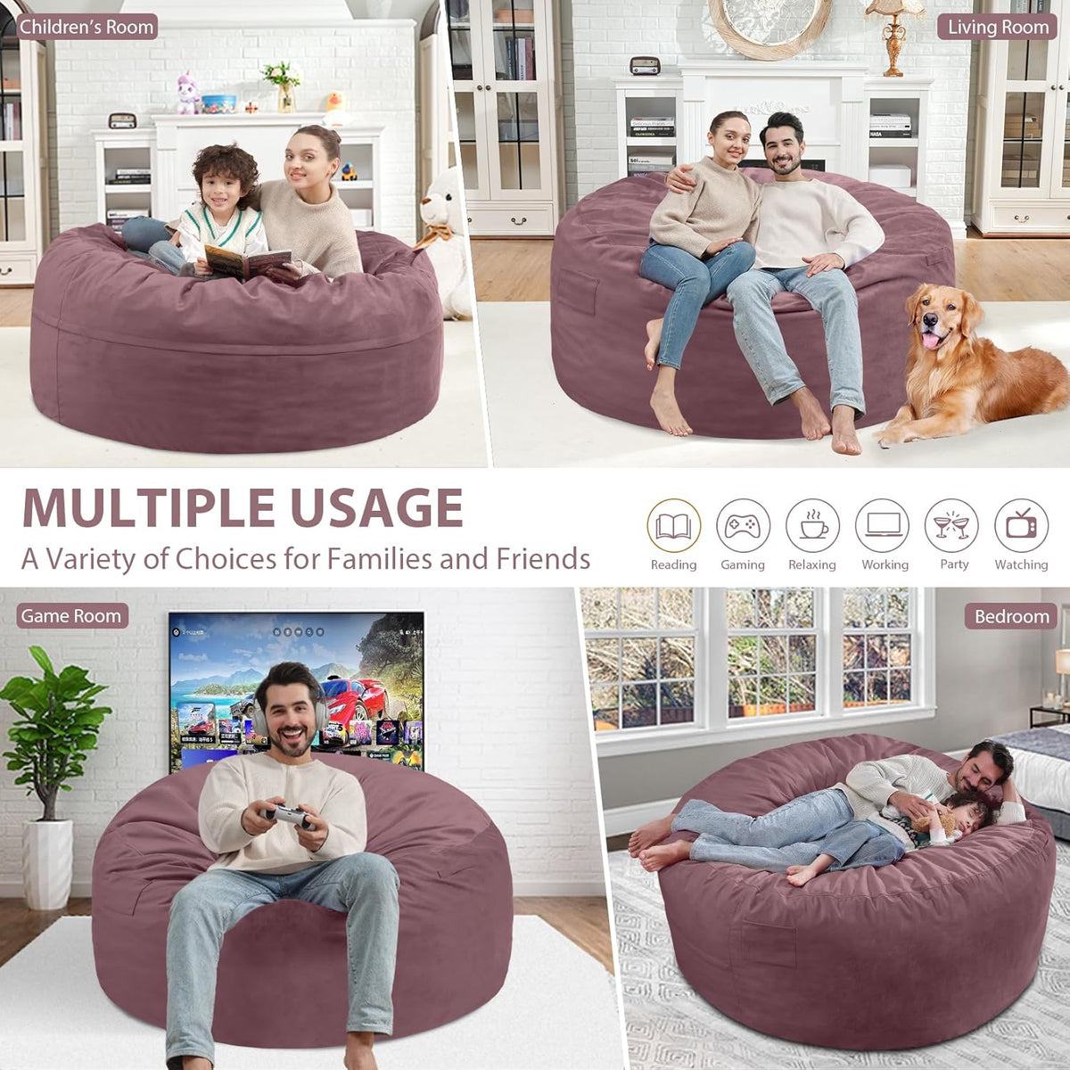 4FT Bean Bag Chair, Large Bean Bag Chairs with Memory Foam Filled, Fluffy Beanbag Sofa with Dutch Velvet Cover, Round BeanBag Chairs for Living Room, Playroom - Dusty Pink