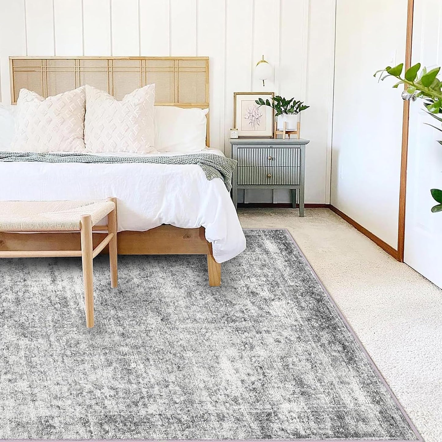 5x7 Washable Area Rug Gray Vintage Traditional Floor Cover Foldable Thin Kitchen Accent Indoor Distressed Non Slip Carpet Floral Print Mat Bedroom Living Room Bathroom