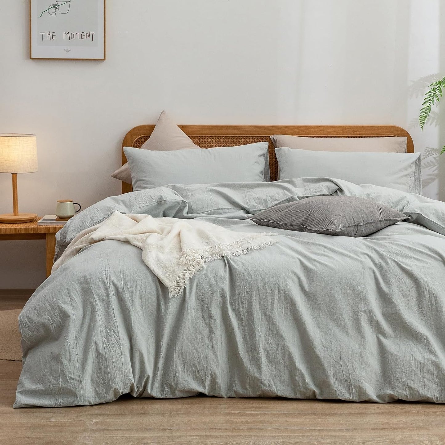 BESTOUCH Duvet Cover Set 100% Washed Cotton Linen Feel Super Soft Comfortable Chic Lightweight 3 PCs Home Bedding Set Solid Northern Droplet Grey Oversized Full