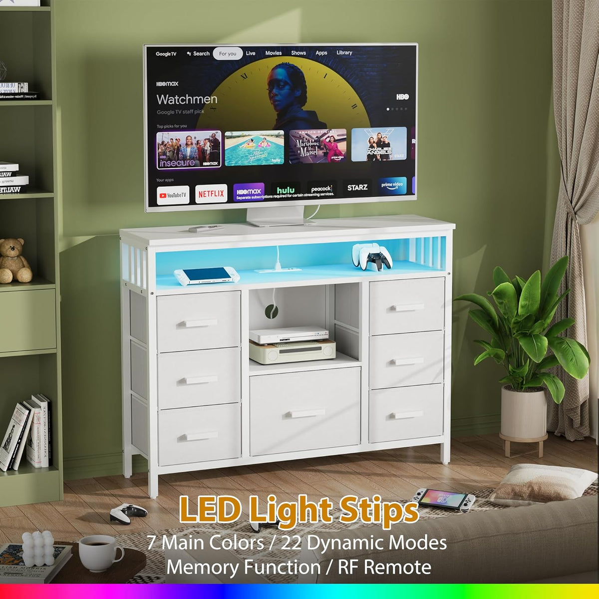 7 Drawer Dresser TV Stand with Power Outlets and LED Lights, Entertainment Center with Open Shelf, Media Console for 50“ TV, Dresser for Bedroom (White)