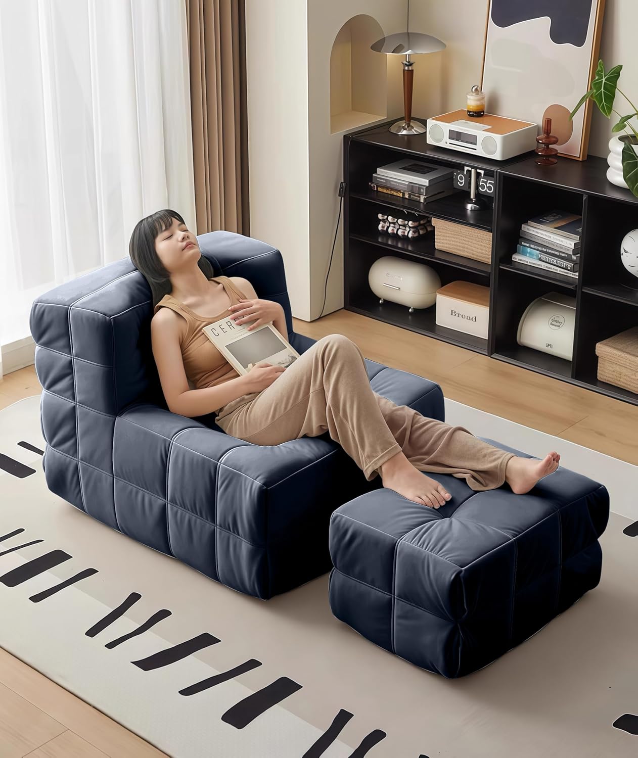 Bean Bag Chair - Memory Foam Bean Bag Chair for Adults, Comfy High-Resilience Single Sofa, Small Space Floor Chair, Chaise Lounge for Living Room, Bedroom (Dark Blue, Square + Ottoman)