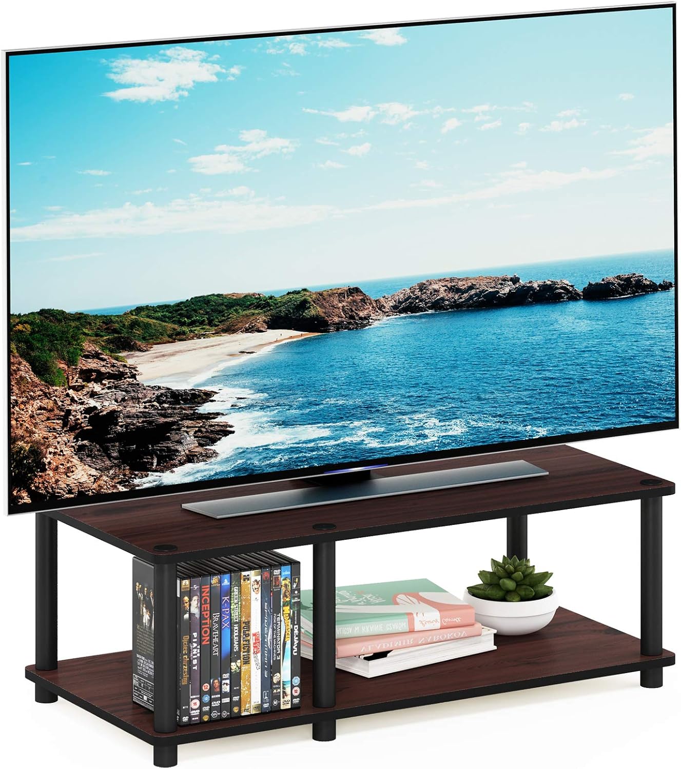 Furinno Just No Tools Dark Cherry Mid Television Stand with Black Tube