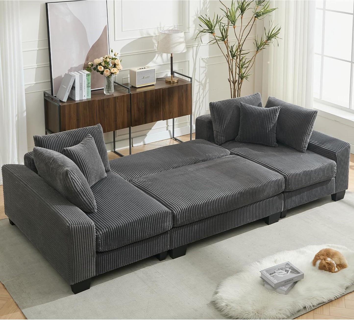 Symmetrical U Shaped Sectional Sofa Convertible Pull Out Sleeper Sofabed with Double Chaise Daybed , Corduroy Upholstered U Shaped Lounge Sofa Couch Bed w/ Throw Pillows for Living Room Apartment