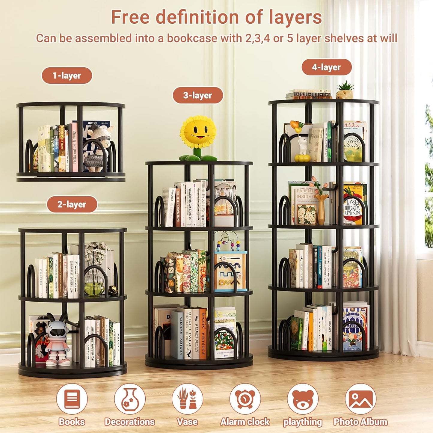 Aheaplus 4 Tier Rotating Bookshelf Tower, 360 Display Spinning Bookcase, Revolving Round Book Shelf Narrow Swivel Bookshelf, Vertical Turning Spiral Corner Book Organizer for Small Space, Black