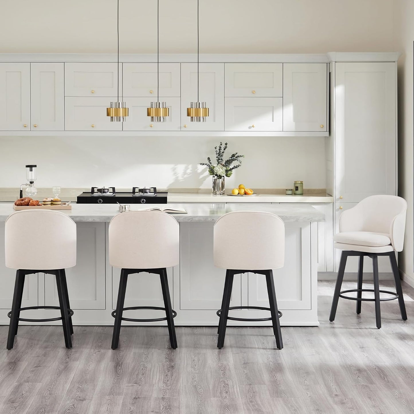 Counter Height Barstools 26 inch Upholstered Swivel Bar Stools with Back and Wood Legs for Kitchen Island,Set of 2,Beige Fabric