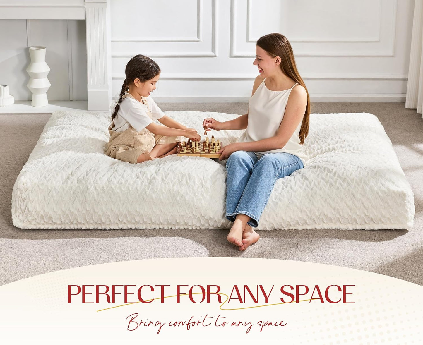 Hobestluk Bean Bag Chair Convertible Beanbag Chairs for Adults, 3 in 1 Bean Bags with Plush Chevron Cover, Adult Bean Bag Chair for Living Room, Bedroom (White, Twin)