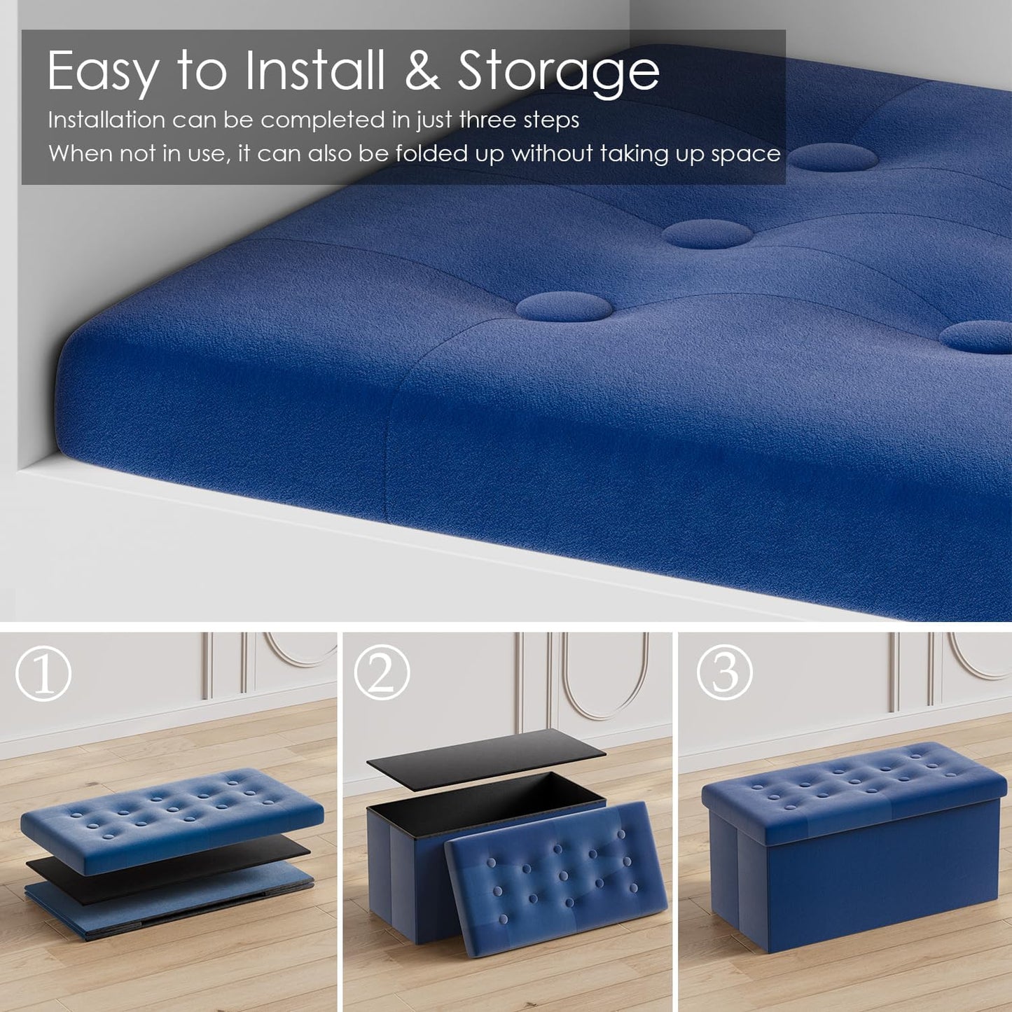 PRANDOM Jumbo Ottoman with Storage [1-Pack] Velvet Folding Small Square Foot Stool with Lid for Living Room Bedroom Coffee Table Dorm Royal Blue 43x15x15 inches