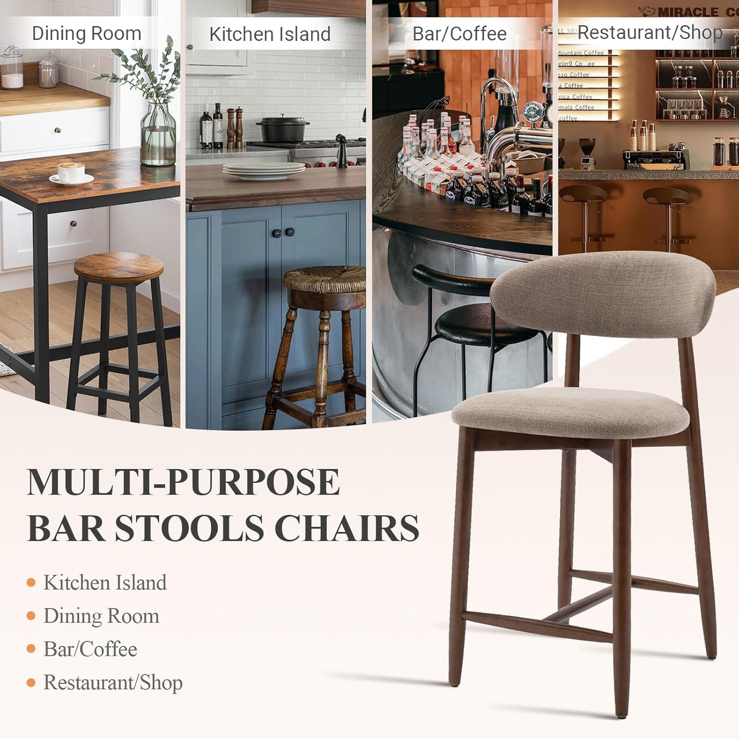 COLAMY Counter Height Bar Stools Set of 6, Kitchen Bar Stools with Back, Mid Century Modern Upholstered, with Wood Legs for Kitchen Island Dining Room, Camel