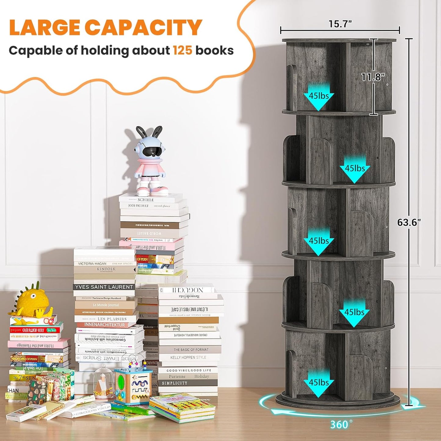 Rotating Bookshelf Tower, 5 Tier Spinning Bookcase, Revolving 360 Book Shelf Narrow Tall Bookcase, Vertical Turning Round Bookshelf Organizer, Wood Corner Book shelf for Small Space, Black Oak