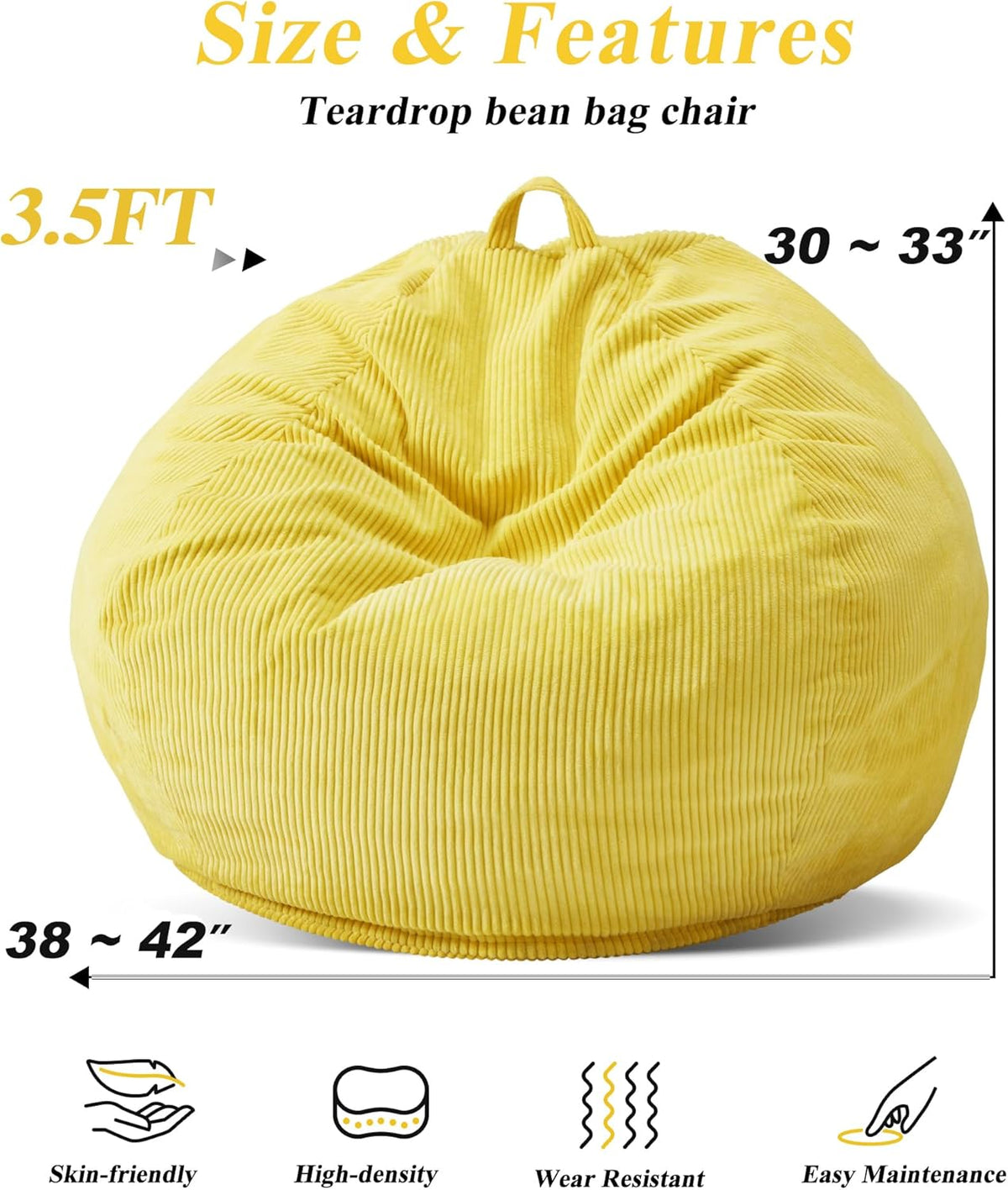 3.5FT Bean Bag Chairs Teardrop Bean Bag Chair for Adults Beanbag Chair with Memory Foam Filled Machine Washable Cover for Living Room, Bedroom (Large,Yellow)
