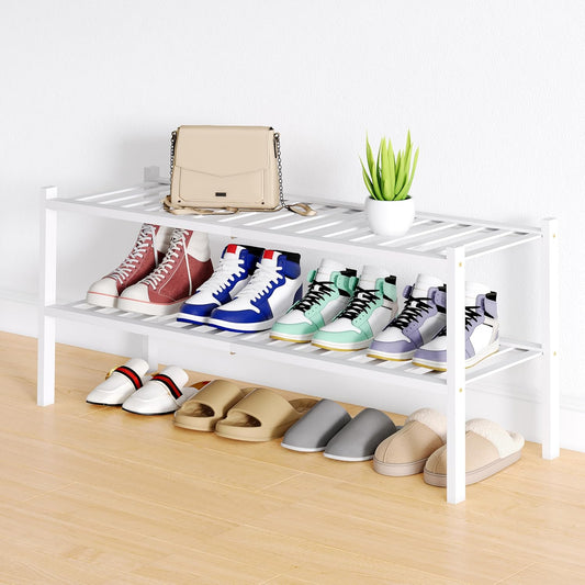 Smiry Shoe Rack, 2 Tier Long Bamboo Shoe Organizer, Stackable Free Standing Wooden Shoe Storage Shelf for Closet, Entryway, Front Door Entrance, White