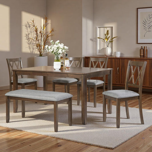 Dining Table Set, Wooden Kitchen Table Set with Rectangular Table, 4 Vertical X Backrest Upholstered Chairs & a Bench, Table and Chairs with Non-Slip Feetmats for 6 People, Living Room, Walnut