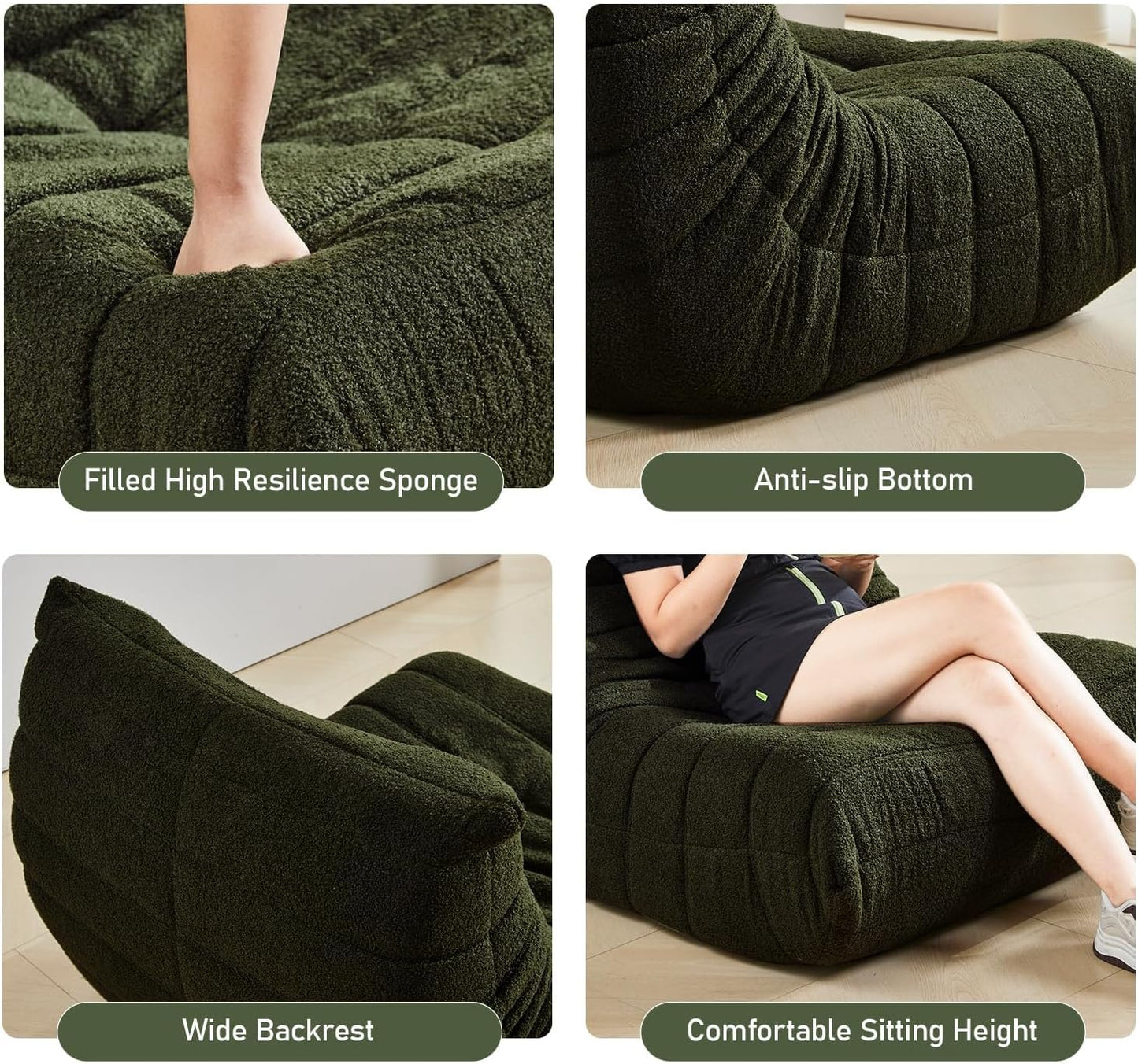 Fireside Bean Bag Sofa - Large Bean Bag Chair for Adults & Teens, High Density Comfortable Foam, Memory Foam for Living Room, Bedroom (Green)