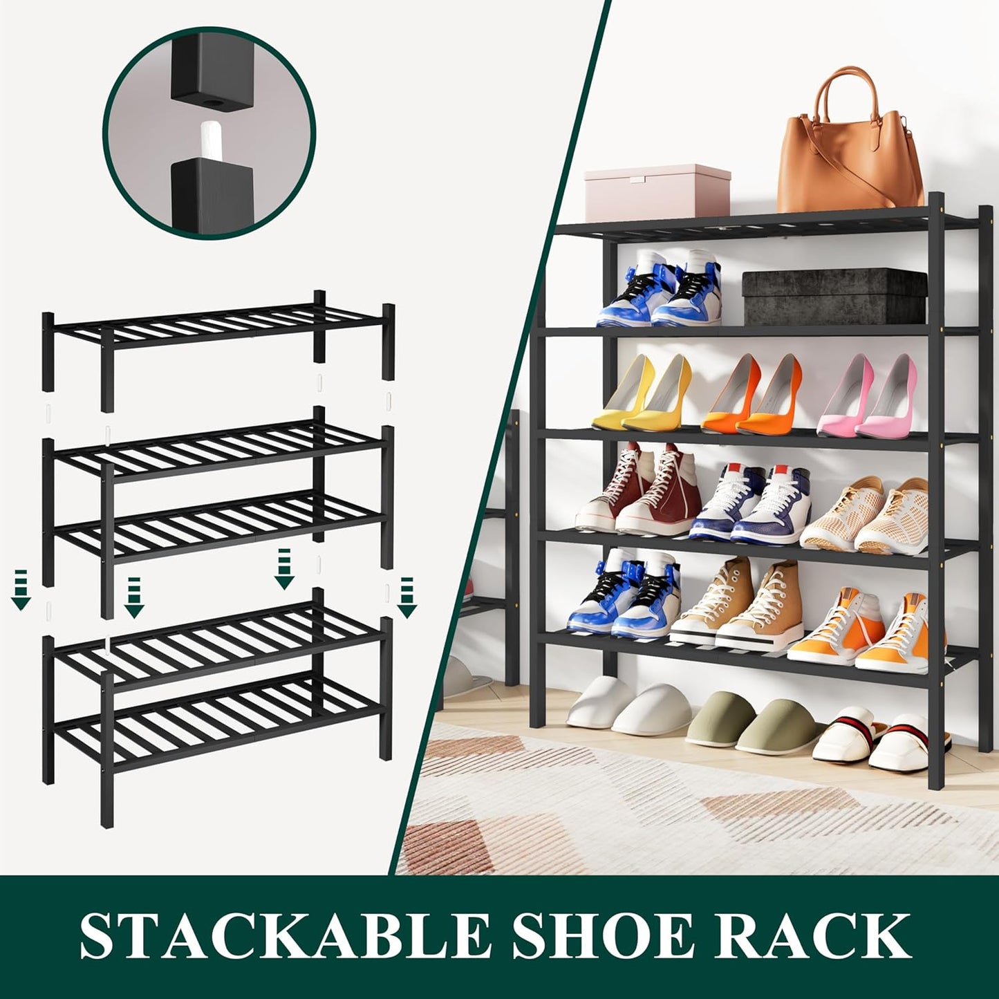 Smiry Shoe Rack, 2 Tier Bamboo Shoe Organizer, Stackable Free Standing Wooden Shoe Storage Shelf for Closet, Entryway, Front Door Entrance, Black