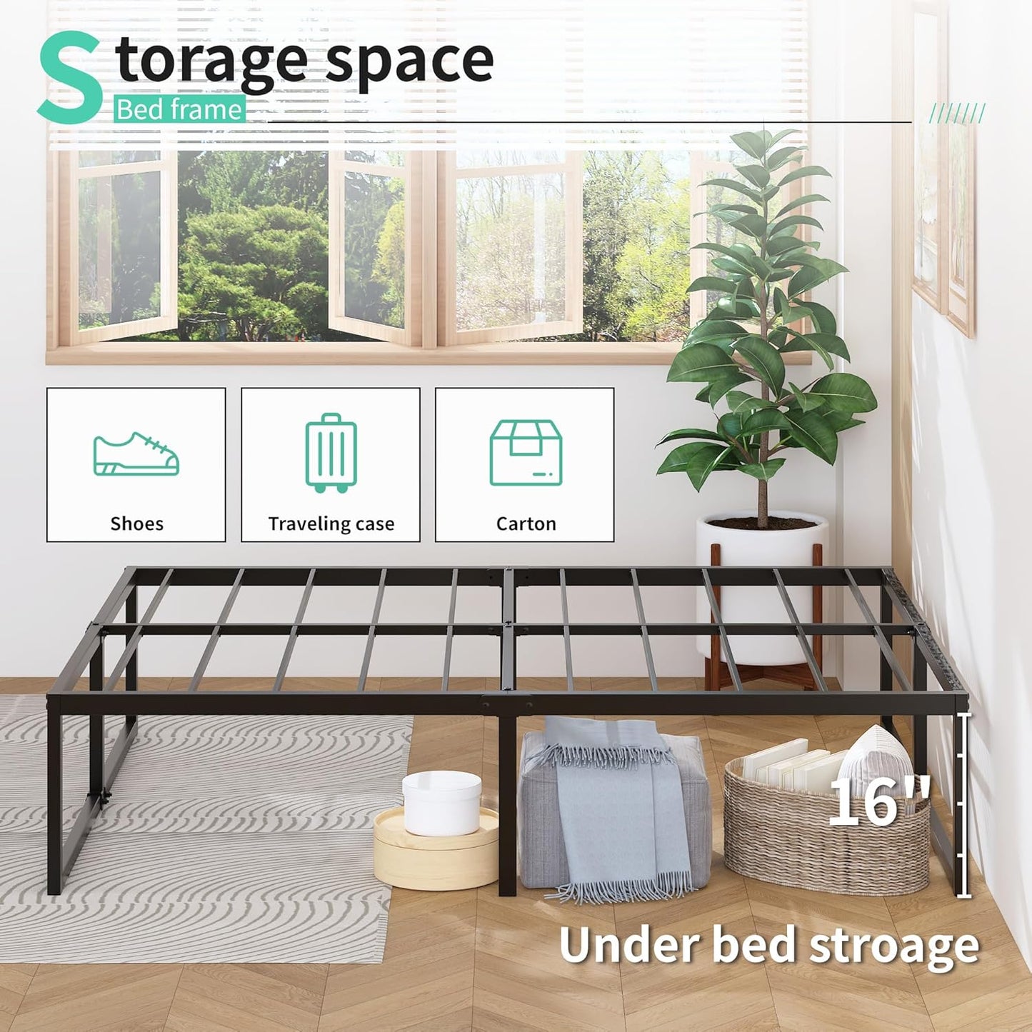 18 Inch Full Size Bed Frame with Storage Bed Cover Skirt, Heavy Duty Metal Full Platform Bed Frame No Box Spring Needed, Easy Assembly, Noise Free, Black and Blue