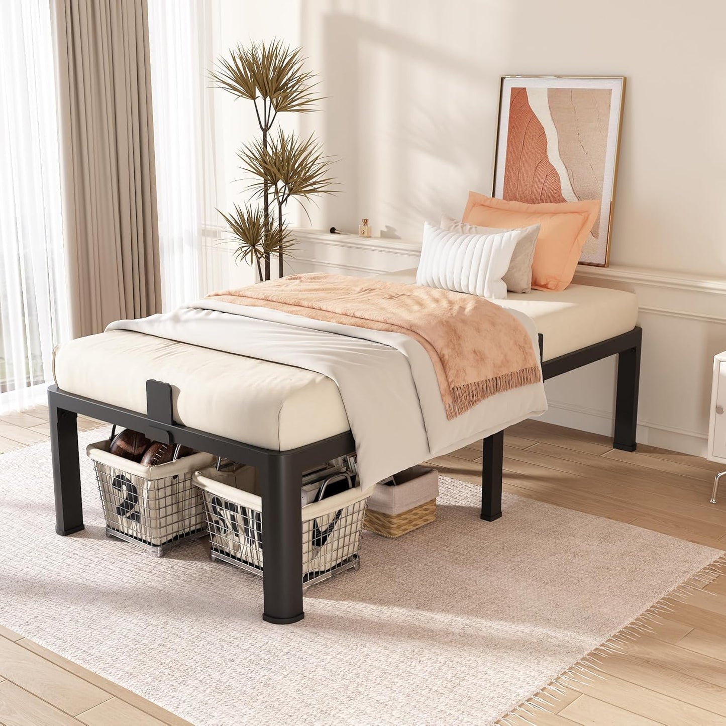 FUIOBYVV Twin Bed Frames with Round Corner Edge Legs 16 inch High 3500 lbs Heavy Duty Metal Platform Bed Frame Twin Size No Box Spring Needed/Non-Slip/Steel Slat Support/Noise Free