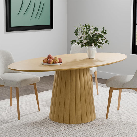 Casaphoria 67" Oval Dining Table, Modern Wood Kitchen Table with Cone Shaped Strip Convex Base for Living Room & Dining Room, Easy Assembly Farmhouse Furniture for 4-6, Oak