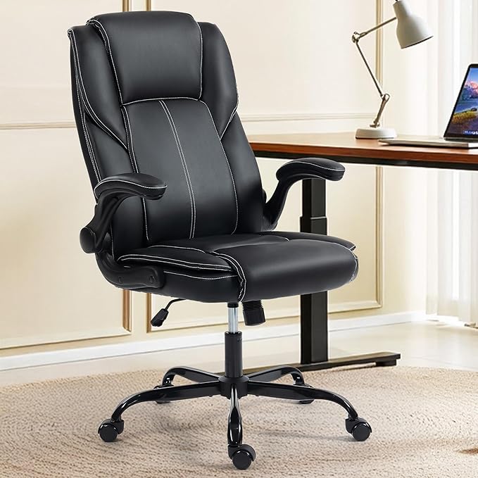 Office Chair - Executive Leather High Back Office Desk Chair with Rocking Function - Ergonomic Breathable Comfortable Wide Swivel Rolling Gaming Computer Chair with Flip-up Armrests & Lumbar Support
