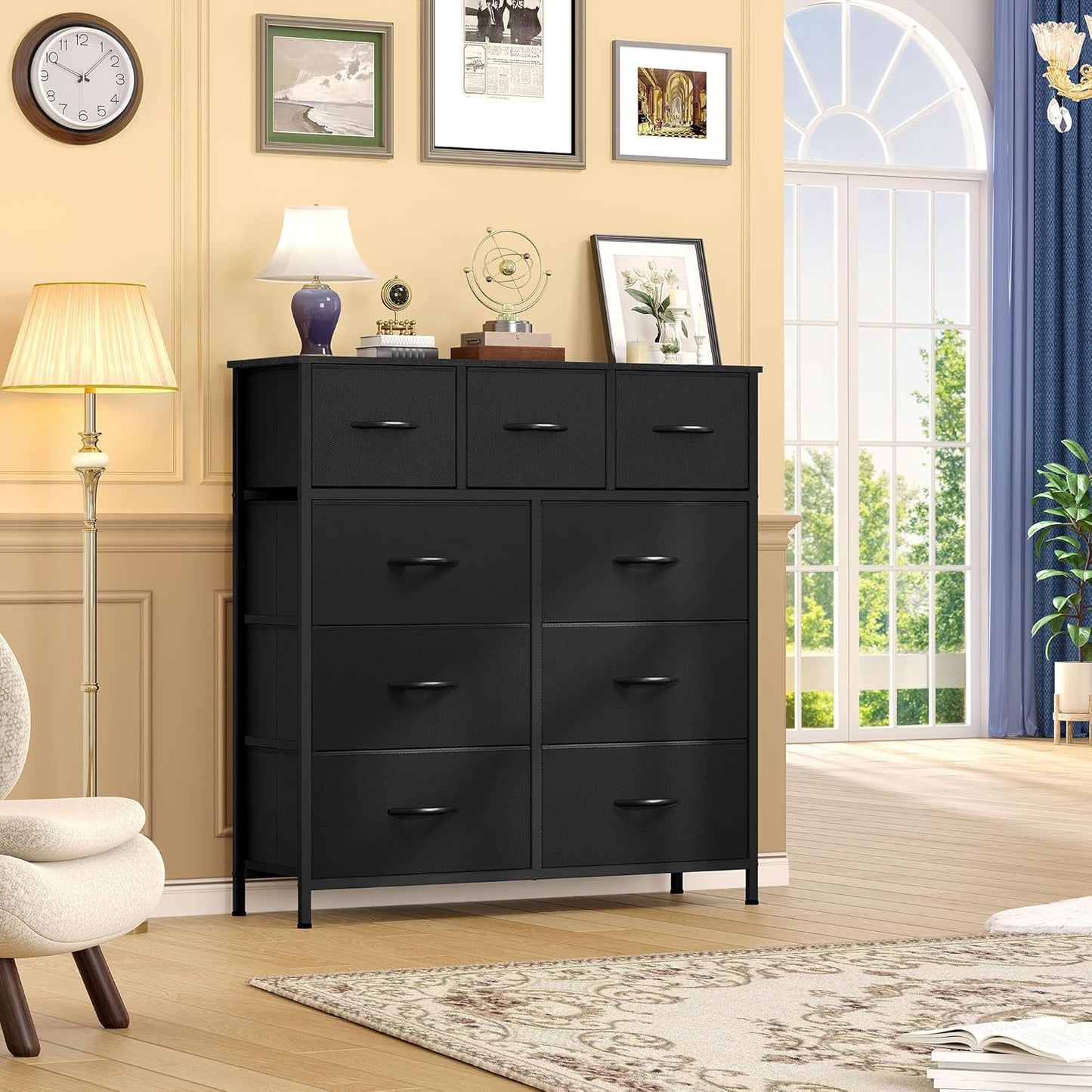 DWVO Dresser with 9 Drawers - Fabric Storage Tower, Organizer Unit for Living Room, Hallway - Sturdy Steel Frame, Wooden Top & Easy Pull Fabric Bins (Black)