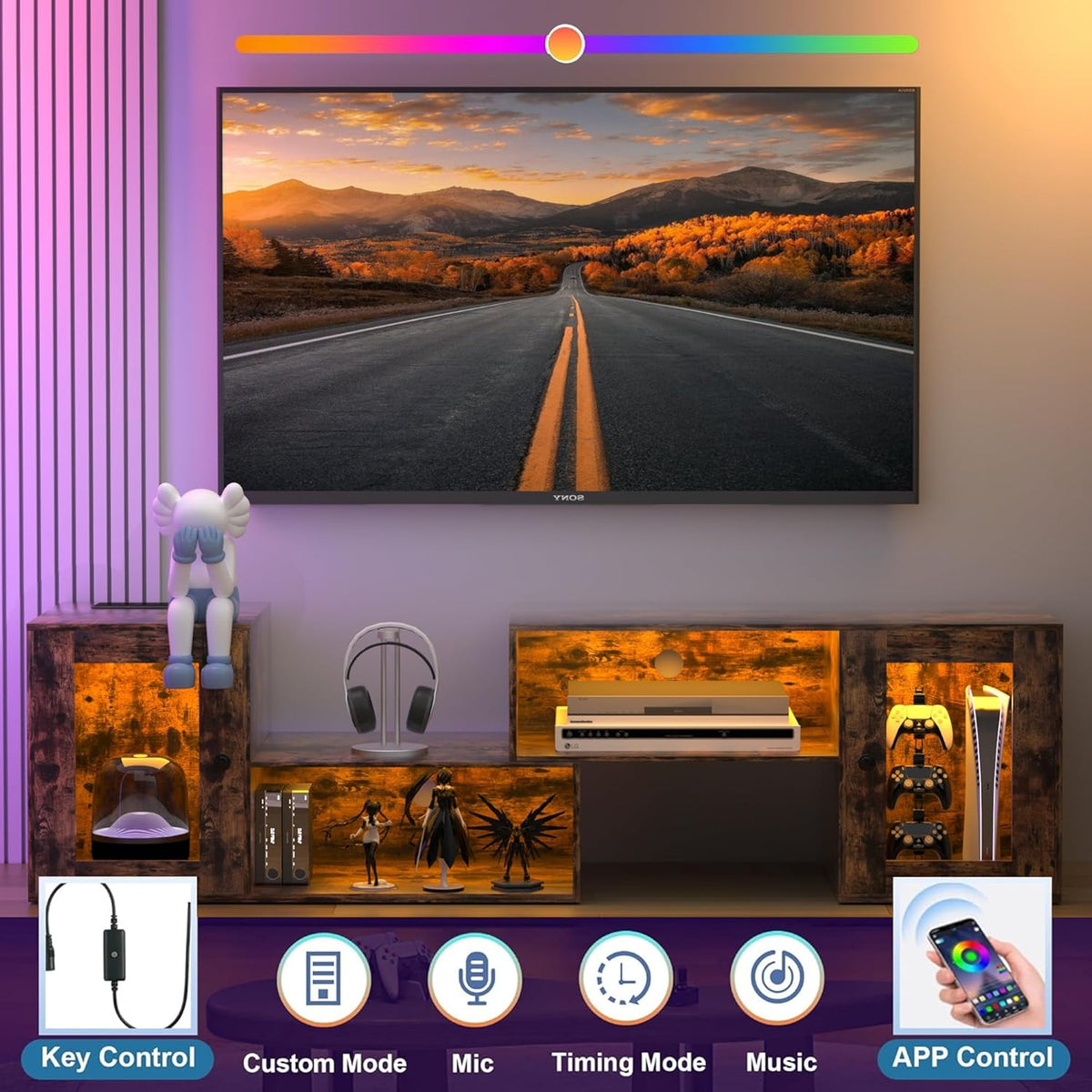 VECELO LED TV Stand for Televisions up to 70 Inchs Modern Entertainment Center with Storage, Media Console with 23 Flashing Options and 4 Customizable Modes for Living Room, Bedroom