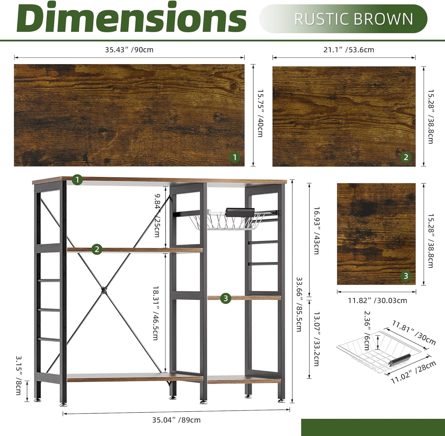 Baker’s Rack, Microwave Oven Stand with Bamboo Frame, 35.43" Coffee Bar with Wire Basket & 6 Hooks, 3-Tier Kitchen Storage Shelf Stand for Kitchen, Living Room, Office, Rustic Brown