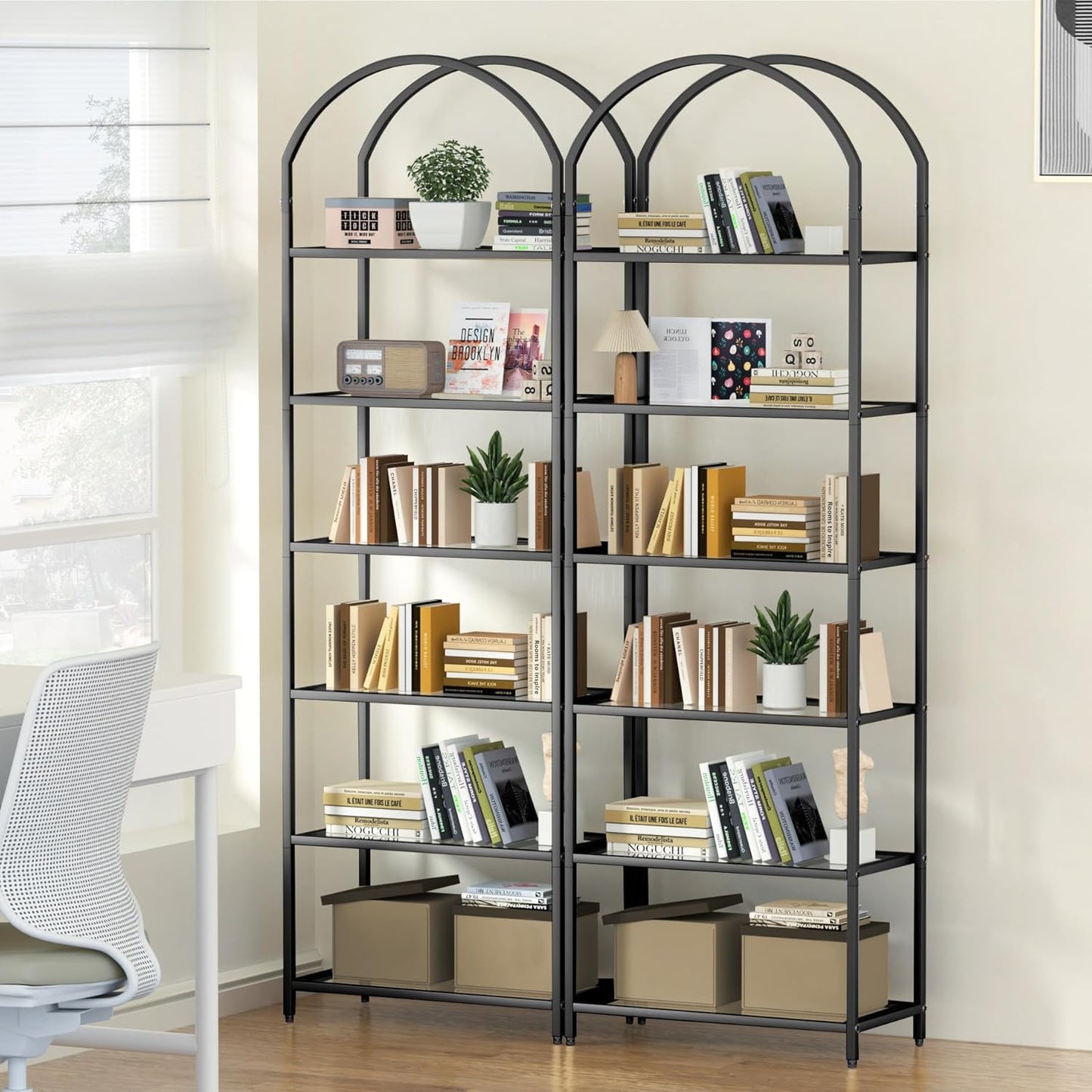 Homhedy Bookshelf Arched Display Racks,Metal Bookcase,Tempered Glass Shelves,Storage Rack Shelf for Home Office,Living Room,Bedroom, Bathroom,Modern Style (Black, 11.8" D x 23.6" W x 73.6" H)