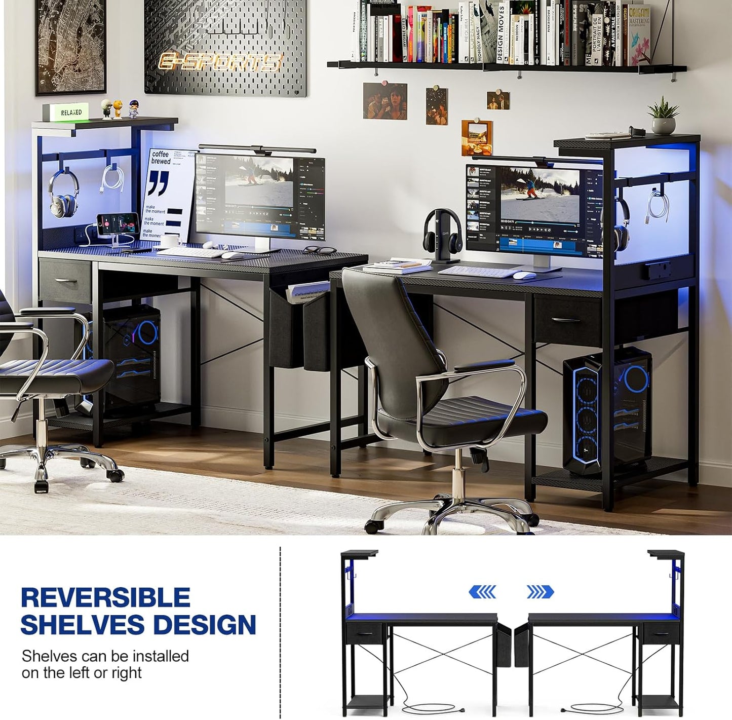 Gaming Desk 55 Inch with Power Outlet and LED Light, Computer Desk with Reversible Shelves and Storage Drawer, Pc Small Table for Home Office Table with Bag, Carbon Fiber Black