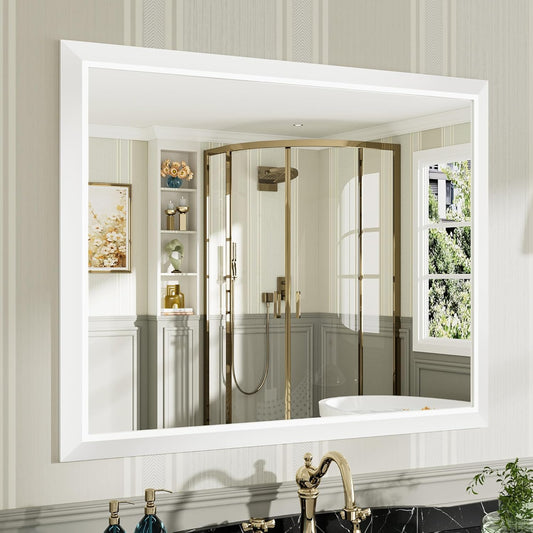 40x32 Inch White Bathroom Mirror for Wall, Thick Metal Framed Rectangle Mirrors for Over Sink, Bedroom, Living Room, Entryway, Anti-Rust, HD Tempered Glass