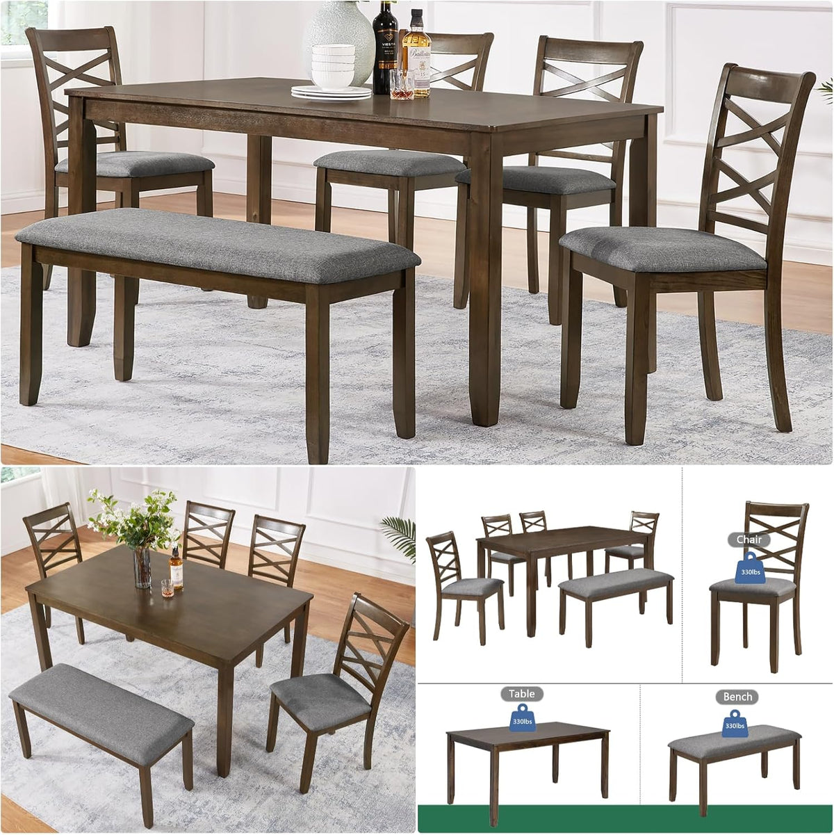 Dining Table Set, Wooden Kitchen Table Set with Rectangular Table, 4 Flat X Backrest Upholstered Chairs & a Bench, Table and Chairs with Non-Slip Feetmats for 6 People, Living Room, Walnut