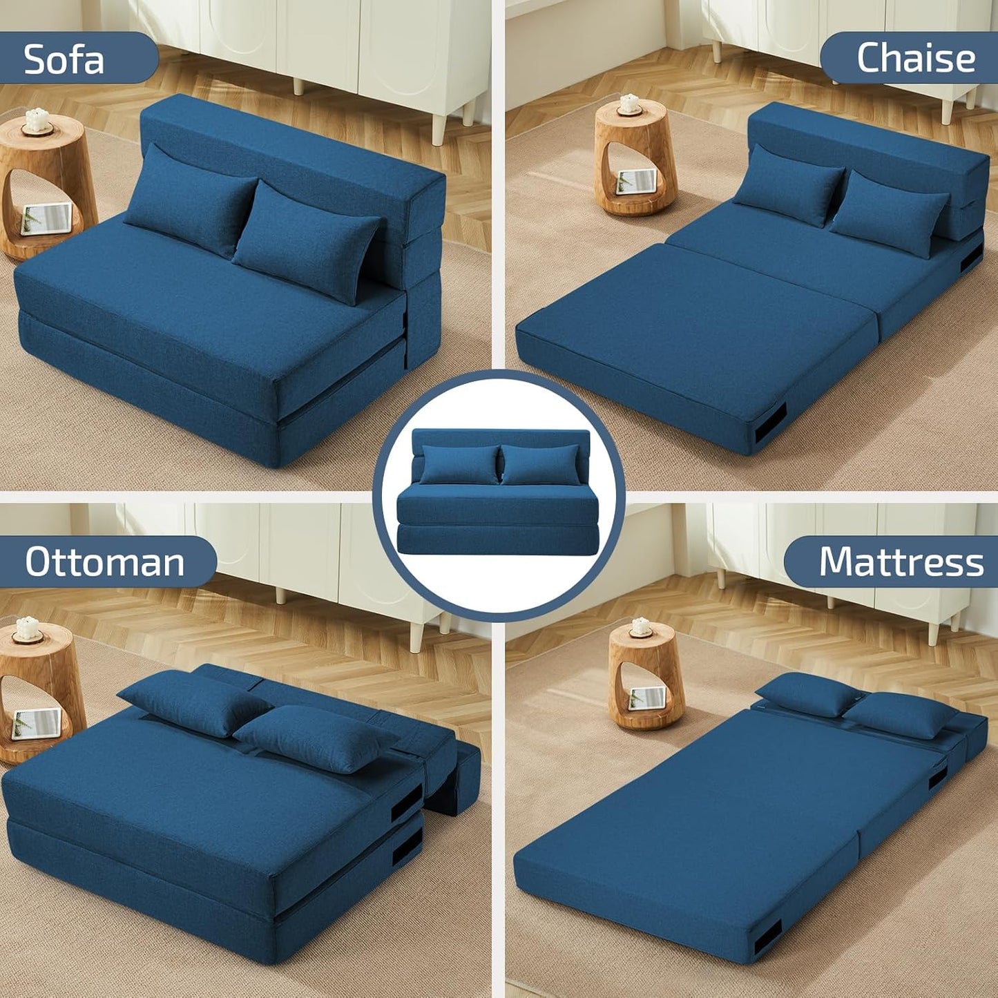 Folding Sofa Bed with Pillows- Convertible Chair Floor Couch & Sleeping Mattress, Foldable Memory Foam Sleeper for Living Room/Dorm/Guest Room/Home Office/Apartment/Loft, Twin, Navy Blue