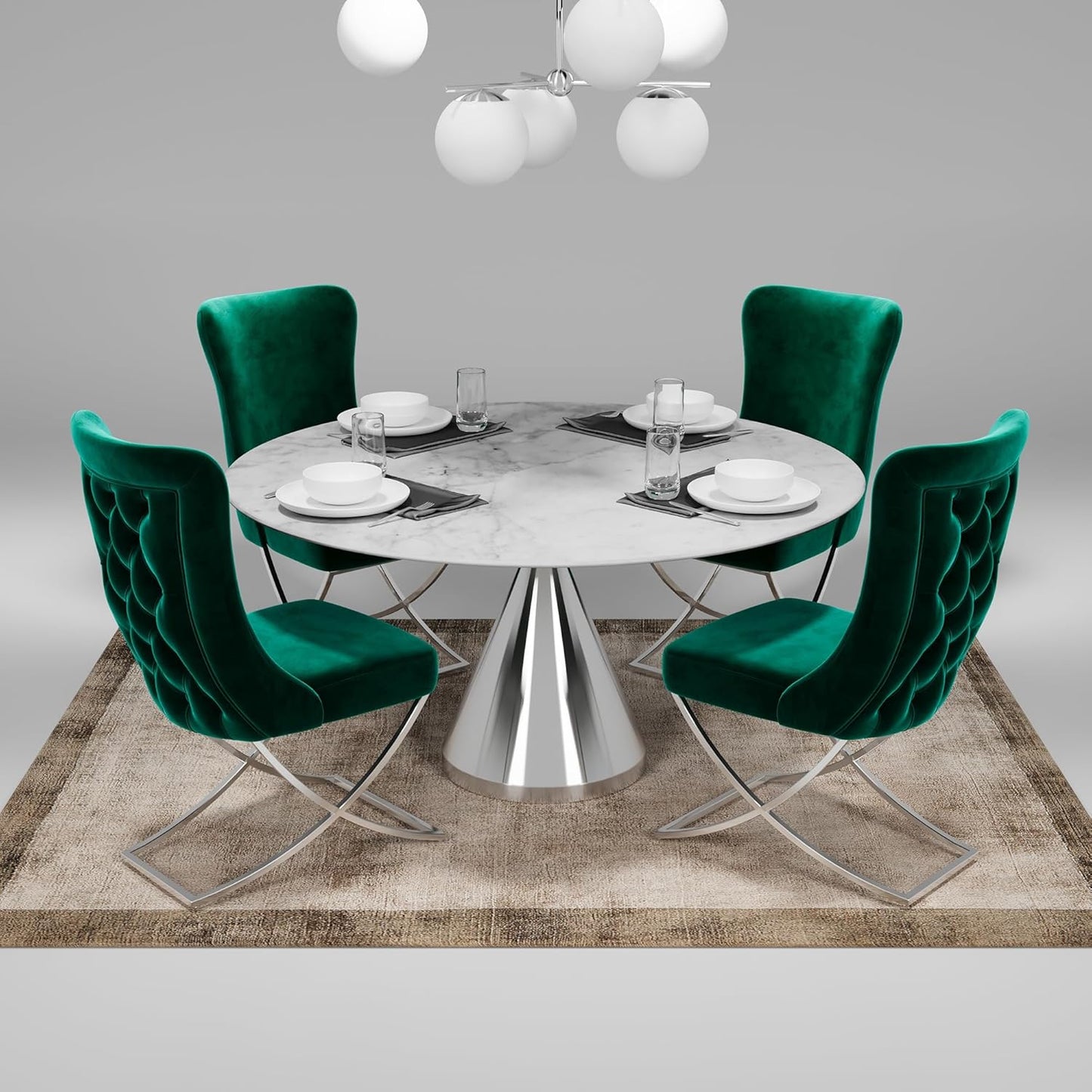 Ottomanson Royal Dining Chairs Set of 8 – Upholstered Tufted Microfiber, Assembled, Silver Metal Legs, Beech Wood Frame, 350 lb Capacity, Green